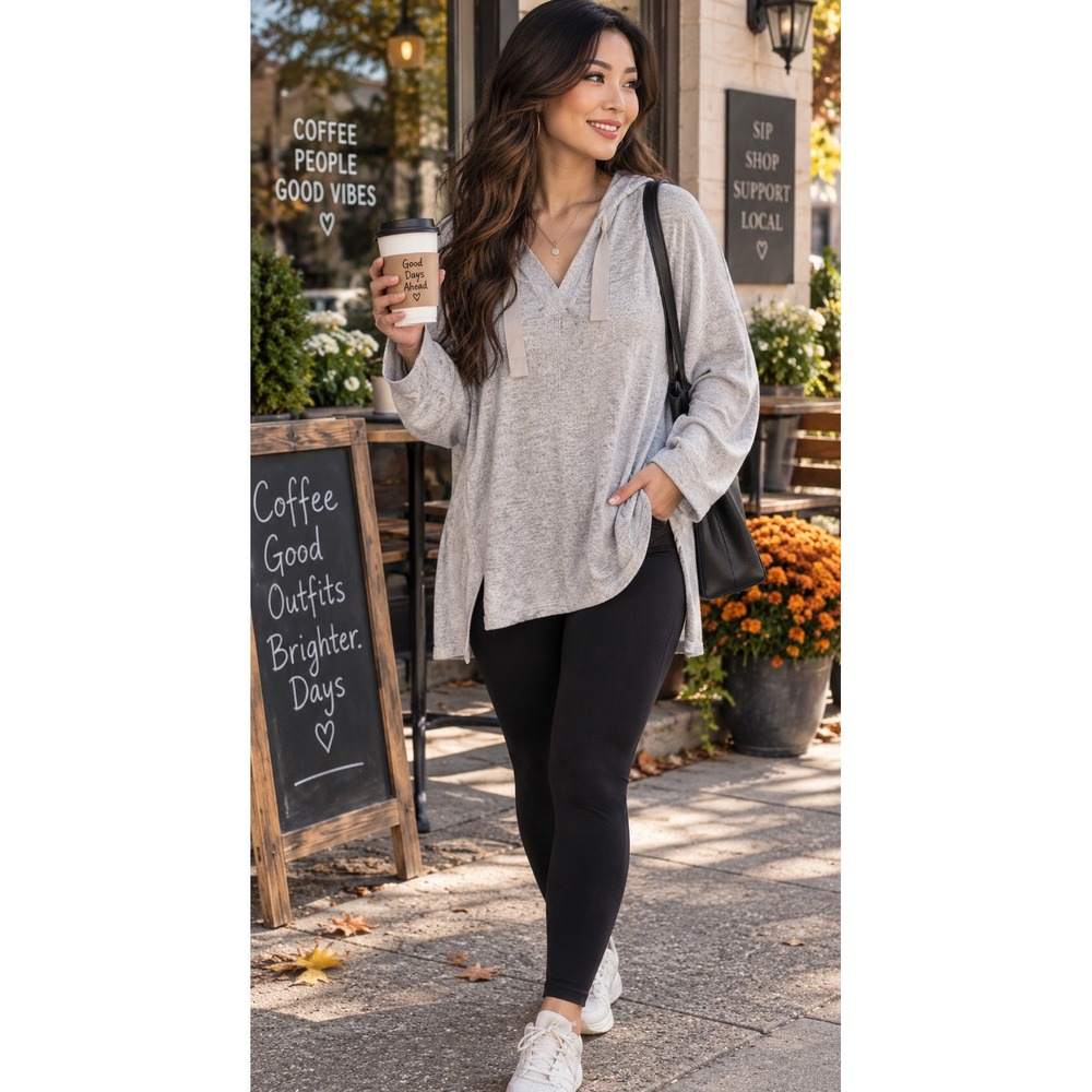 Lou & Grey Women XL Gray Heathered V-Neck Hooded Pullover Sweatshirt Soft Knit